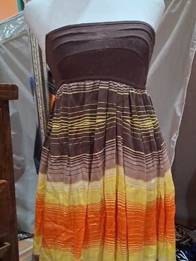 Backless Strapless Brown, Yellow & Orange Summer Dress